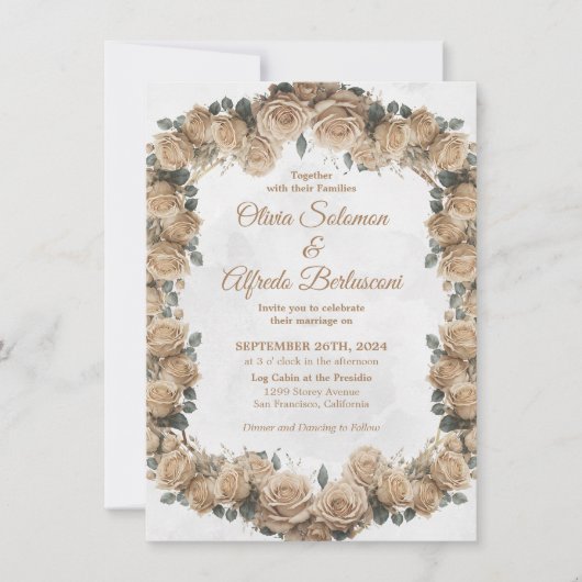 Rustic Beige Golden Roos Wedding Kaart (Voorkant)