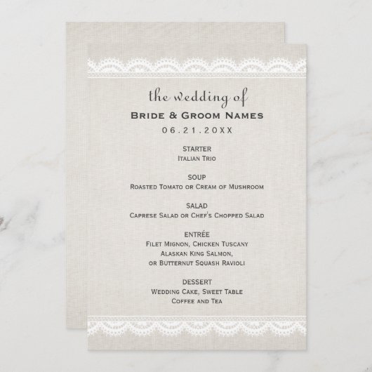 Rustic Beige Linen en Lace Wedding Menu (Voorkant / Achterkant)