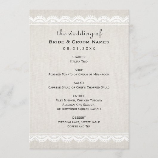 Rustic Beige Linen en Lace Wedding Menu (Voorkant)