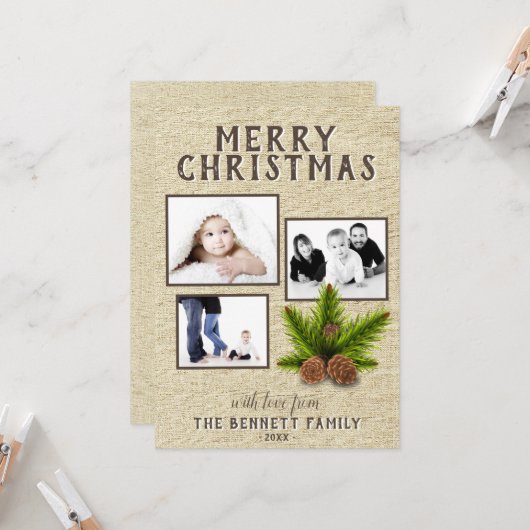 Rustic Beige Pine 3 Fotokerstfeestdag Kaart (Voorkant / Achterkant in situ)
