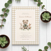 Rustic Beige Woodland Animals Baby shower Gingham Kaart