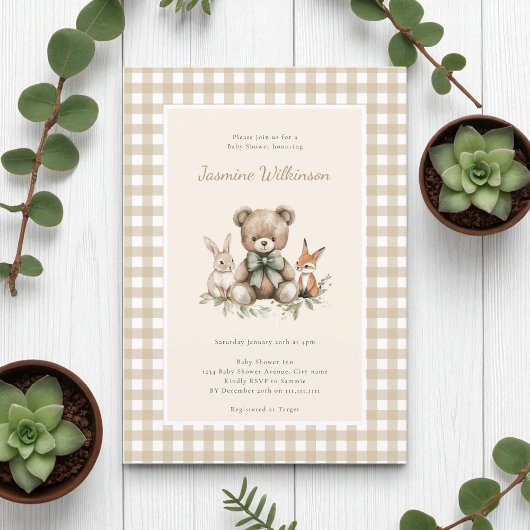 Rustic Beige Woodland Animals Baby shower Gingham Kaart
