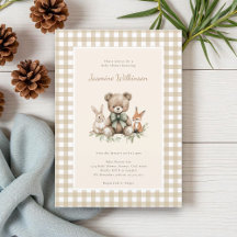 Rustic Beige Woodland Animals Baby shower Gingham