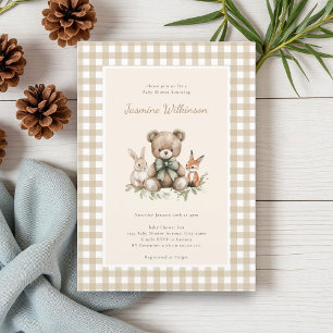 Rustic Beige Woodland Animals Baby shower Gingham Kaart