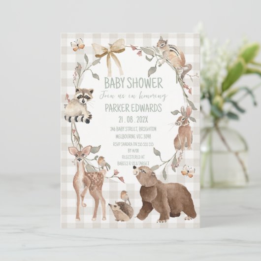 Rustic Beige Woodland Baby Shower Invitation Kaart (Staand voorkant)