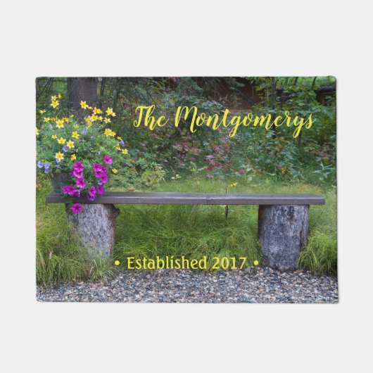 Rustic Bench Flower Pots Personalized Welkoming Deurmat (Voorkant)