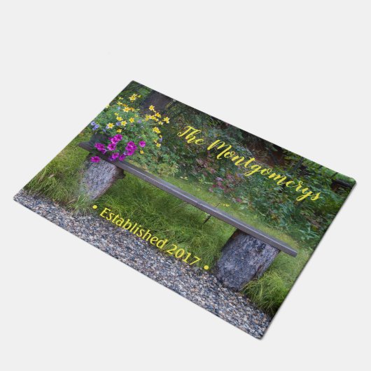 Rustic Bench Flower Pots Personalized Welkoming Deurmat (Schuin)