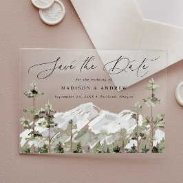 Rustic Berg Evergroen Bos Save the Date Acryl Uitnodigingen