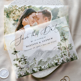 Rustic Berg Evergroen Bos Save the Date Vellum Uitnodigingen