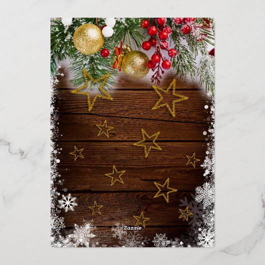 Rustic Berries Gold Baubles Stars Kerstfeest Folie Uitnodiging (Achterkant)