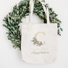 Rustic Berry Branch Initiaal en naam kerst Tote Bag
