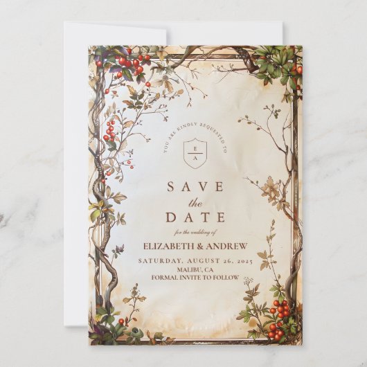 Rustic Berry Branch Wedding Save The Date (Voorkant)