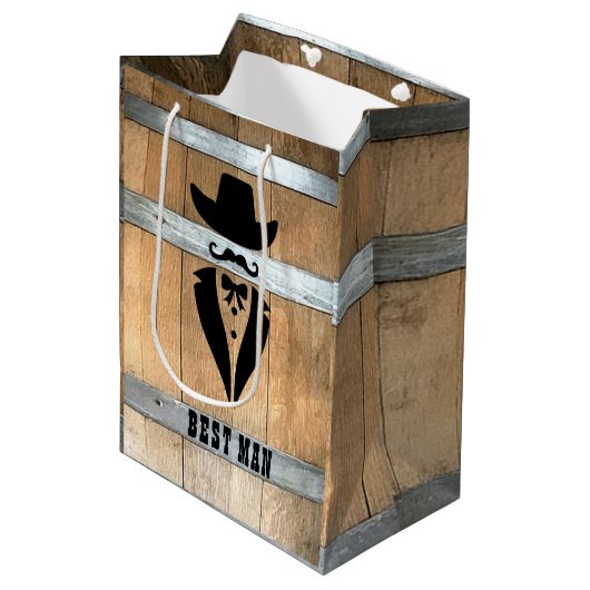 Rustic Best Man Whiskey Barrel Medium Cadeauzakje (Voorkant Gekanteld)
