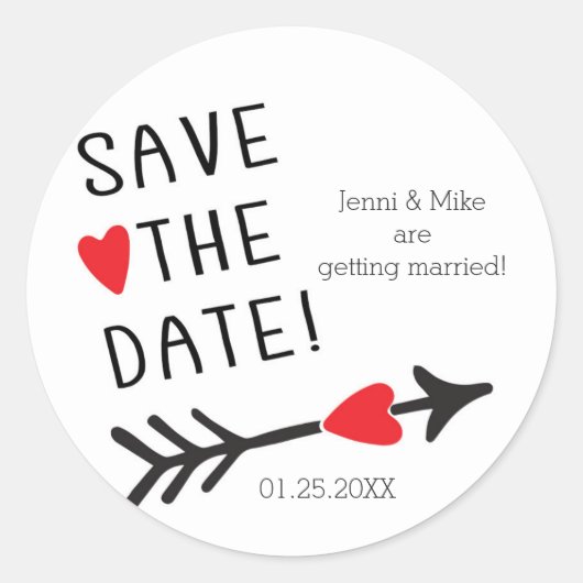 Rustic BEWAAR DATE Heart Arrow Weddenkers Ronde Sticker (Voorkant)