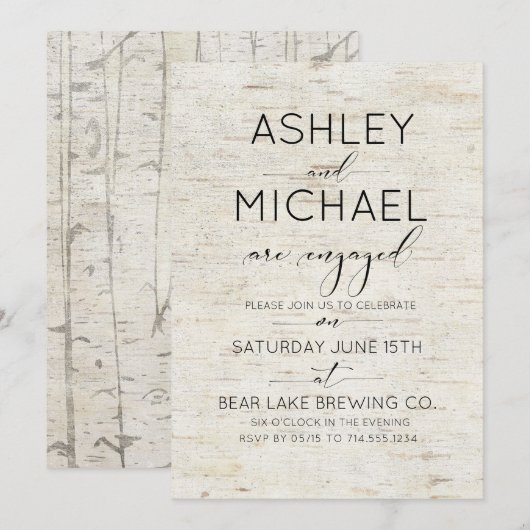 Rustic Birch Bark Typography Engagement Party Kaart (Voorkant / Achterkant)