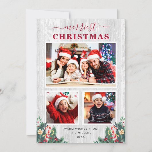 Rustic Birch Mistletoe Merriest Kerstmis 3 Foto Feestdagenkaart (Voorkant)