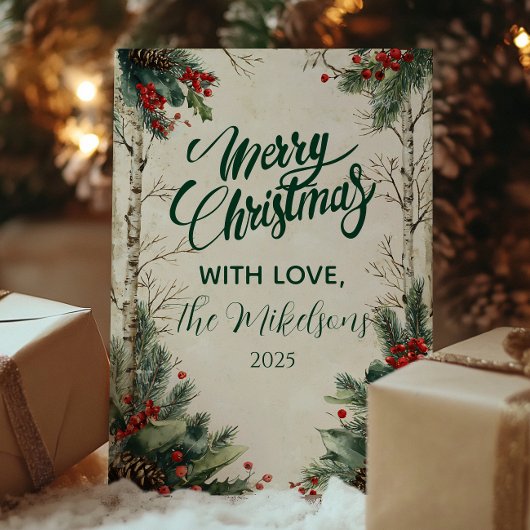 Rustic Birch Pinecone Kerstmis Feestdagenkaart