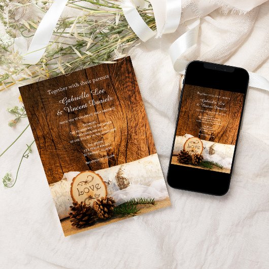Rustic Birch Tree and Barn Wood Wedding Invitation Kaart