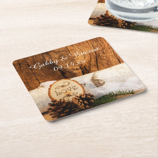 Rustic Birch Tree and Barn Wood Wedding Kartonnen Onderzetters (Schuin)