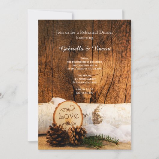 Rustic Birch Tree Barn Wood Rehearsal Dinner Kaart (Voorkant)