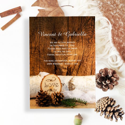 Rustic Birch Tree Barn Wood Wedding Save the Date Kaart