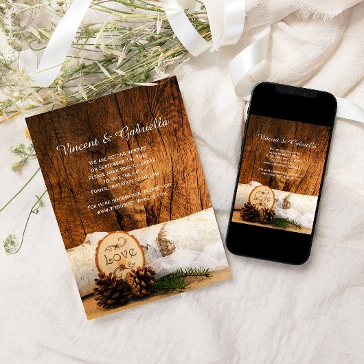 Rustic Birch Tree Barn Wood Wedding Save the Date Kaart