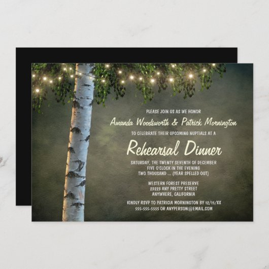 Rustic Birch Tree Rehearsal Dinner Invitations Kaart (Voorkant / Achterkant)