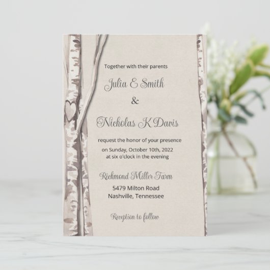Rustic Birch Tree Woodland Wedding Invitation Kaart (Staand voorkant)