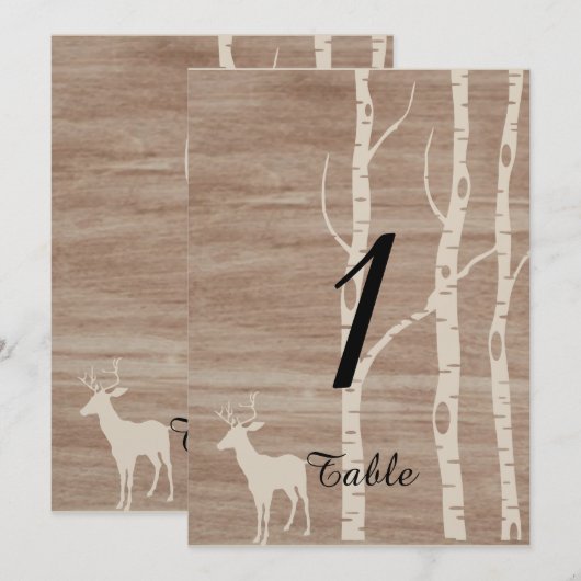 Rustic Birch Trees and Deer Wedding Table Number Kaart (Voorkant / Achterkant)