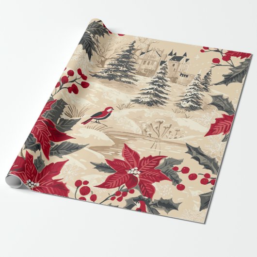 Rustic Bird en Poinsettia kerstpatroon (12) Cadeaupapier (Uitgerold)