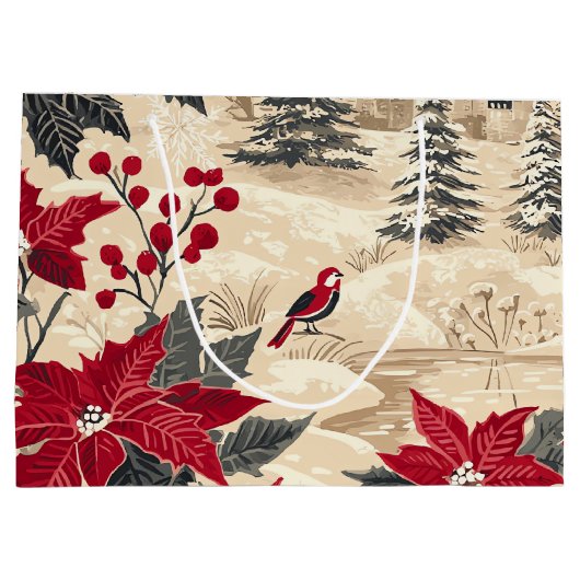 Rustic Bird en Poinsettia kerstpatroon (12) Groot Cadeauzakje (Achterkant)
