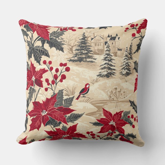 Rustic Bird en Poinsettia kerstpatroon (12) Kussen (Voorkant)