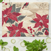 Rustic Bird en Poinsettia kerstpatroon (12) Theedoek (Gevouwen)