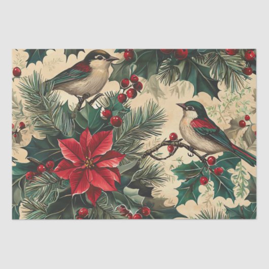 Rustic Bird en Poinsettia kerstpatroon (12) Tissuepapier (Voorkant)