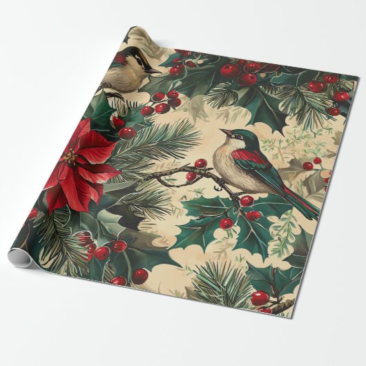 Rustic Bird en Poinsettia kerstpatroon (13) Cadeaupapier (Uitgerold)