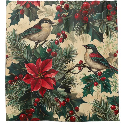 Rustic Bird en Poinsettia kerstpatroon (13) Douchegordijn (Voorkant)