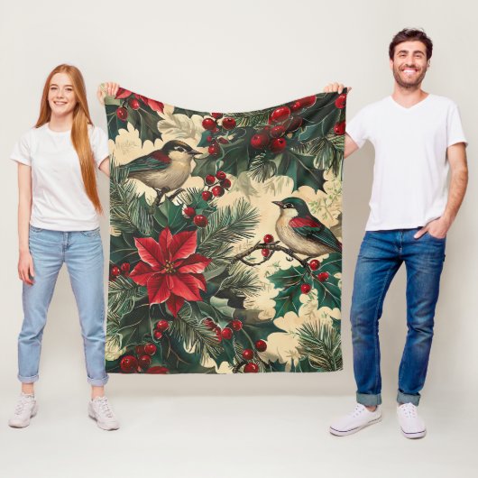 Rustic Bird en Poinsettia kerstpatroon (13) Fleece Deken (In situ)