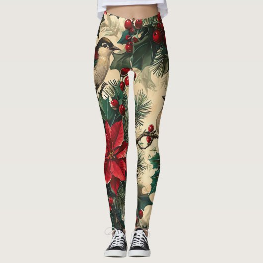 Rustic Bird en Poinsettia kerstpatroon (13) Leggings (Voorkant)