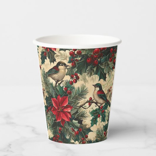 Rustic Bird en Poinsettia kerstpatroon (13) Papieren Bekers (Voorkant)