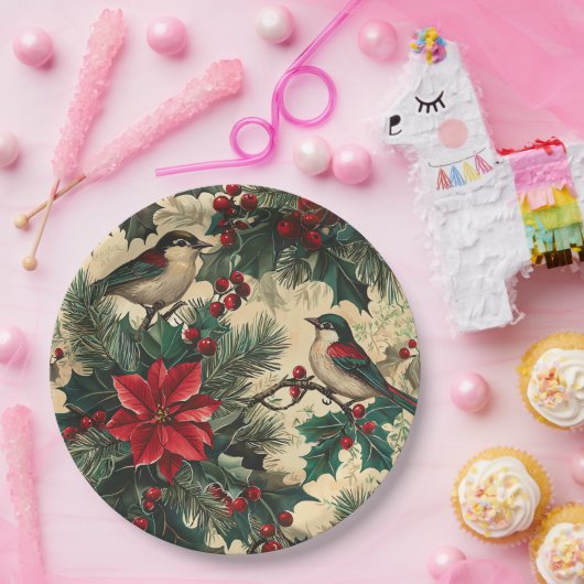 Rustic Bird en Poinsettia kerstpatroon (13) Papieren Bordje (Feest)