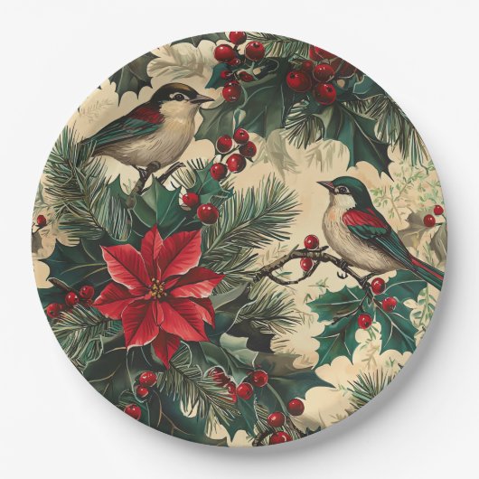 Rustic Bird en Poinsettia kerstpatroon (13) Papieren Bordje (Voorkant)