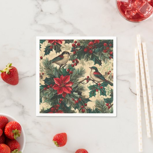 Rustic Bird en Poinsettia kerstpatroon (13) Servet (Insitu)