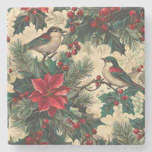 Rustic Bird en Poinsettia kerstpatroon (13) Stenen Onderzetter
