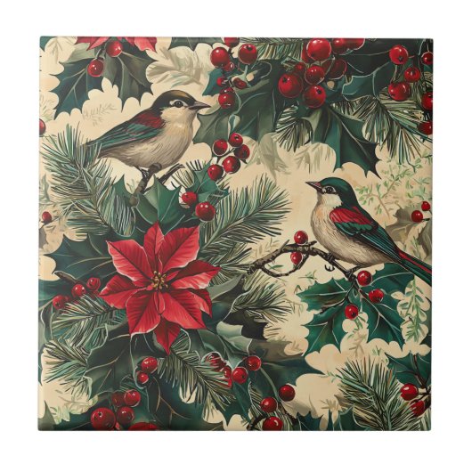 Rustic Bird en Poinsettia kerstpatroon (13) Tegeltje (Voorkant)
