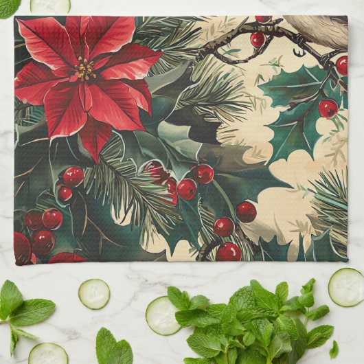 Rustic Bird en Poinsettia kerstpatroon (13) Theedoek (Gevouwen)