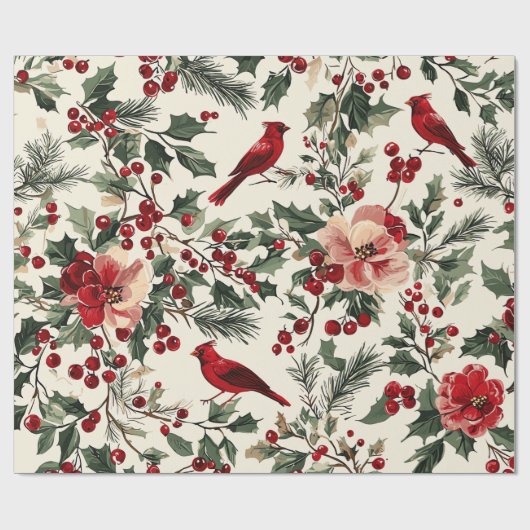 Rustic Bird en Poinsettia kerstpatroon (14) Cadeaupapier (Vlak)