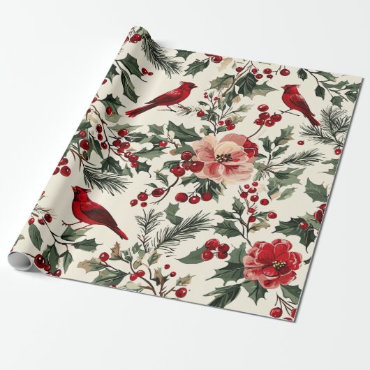 Rustic Bird en Poinsettia kerstpatroon (14) Cadeaupapier (Uitgerold)