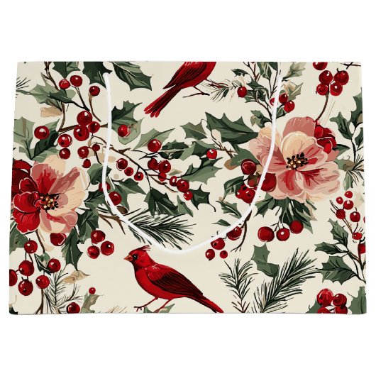 Rustic Bird en Poinsettia kerstpatroon (14) Groot Cadeauzakje (Voorkant)
