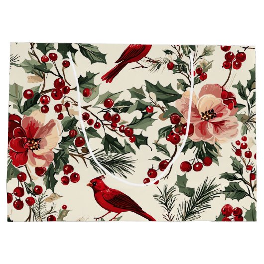 Rustic Bird en Poinsettia kerstpatroon (14) Groot Cadeauzakje (Achterkant)