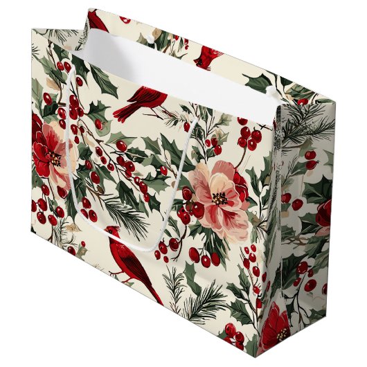 Rustic Bird en Poinsettia kerstpatroon (14) Groot Cadeauzakje (Voorkant Gekanteld)